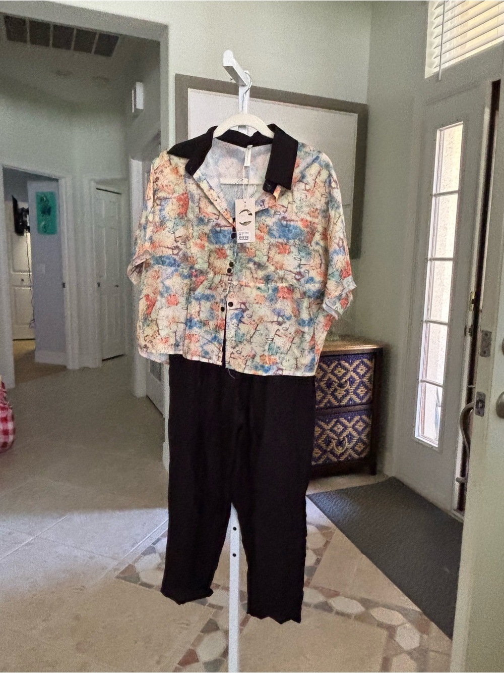 # 119 Womens Two-Piece Pant Set with Multicolor Print Top and Black Pants